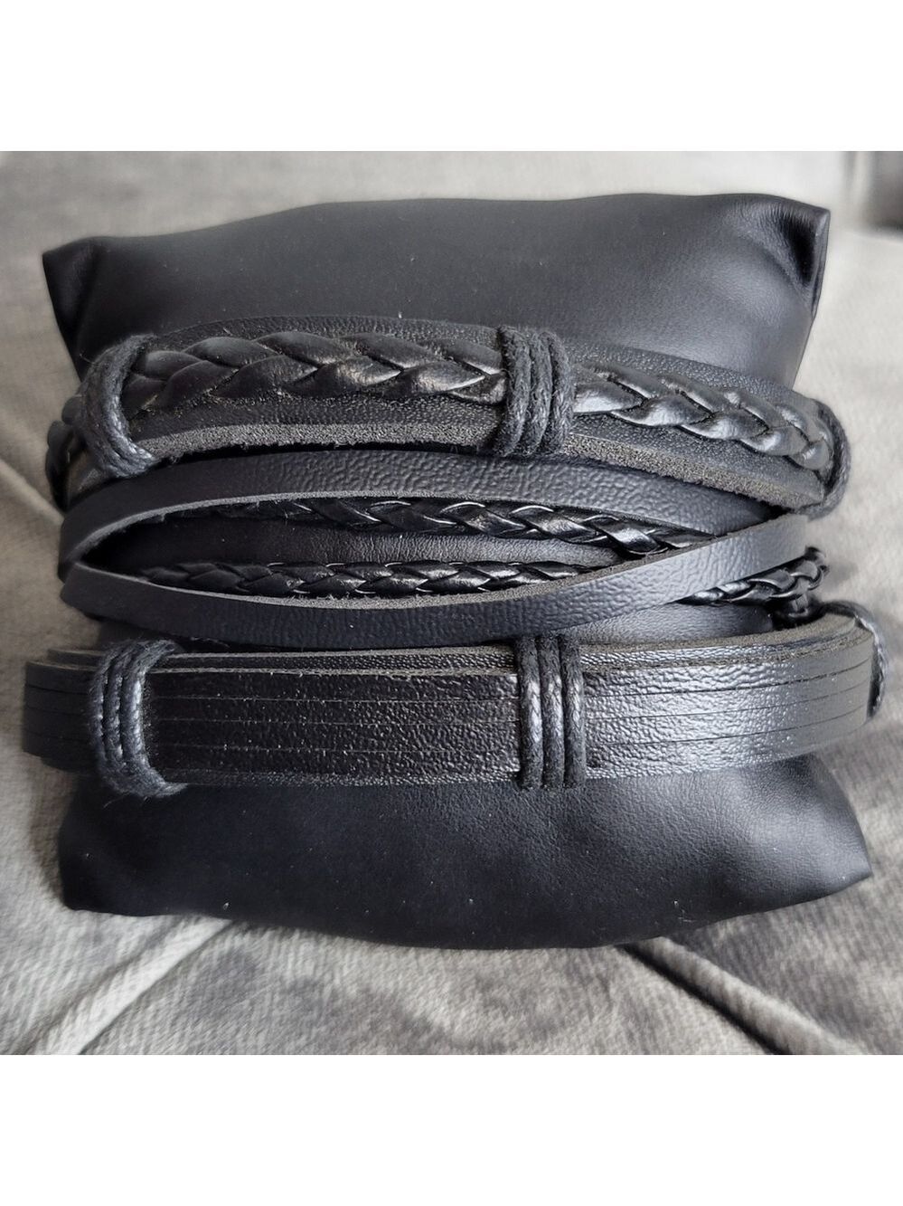 Men’s Faux Leather Bracelet Set | 3-Piece Braided & Layered Black Wristbands - Picture 3 of 4